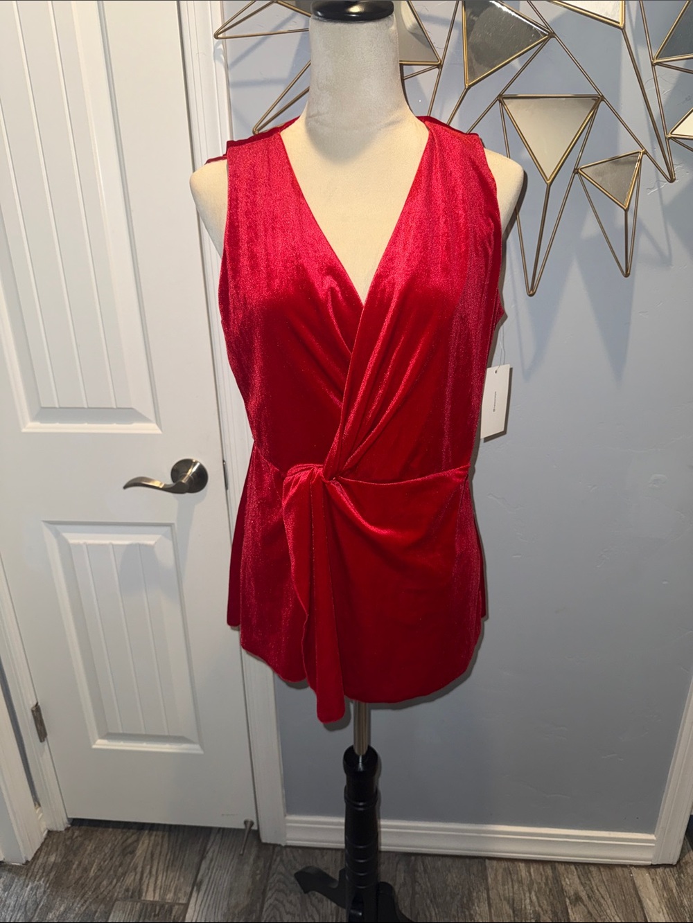 H by Halston Red Velvet Sleeveless Wrap Tie Blouse
